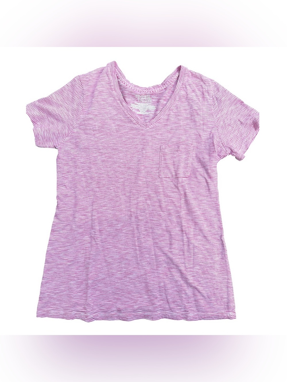 Time And Tru Pink & White Thin Striped V Neck T Shirt 100% Cotton Women’s S